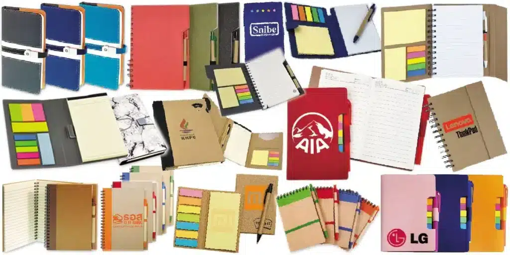 ชุดสมุดโน้ตโพสอิทพร้อมปากกาสกรีนโลโก้ Gift Set ไดอารี่ปกหนังจั่วปัง กระดาษรีไซเคิลสีน้ำตาล พิมพ์ชื่อบริษัท Post It สต็อค ขายราคาส่ง