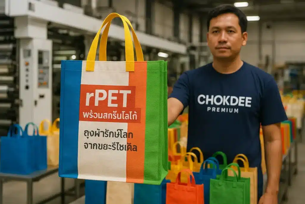 โรงงานผลิตกระเป๋ากระสอบรีไซเคิล พิมพ์ลายตามแบบ ถุงผ้าพลาสติก จากขวดน้ำ rPET พร้อมสกรีนโลโก้ จากขยะ recycled ขายราคาส่ง